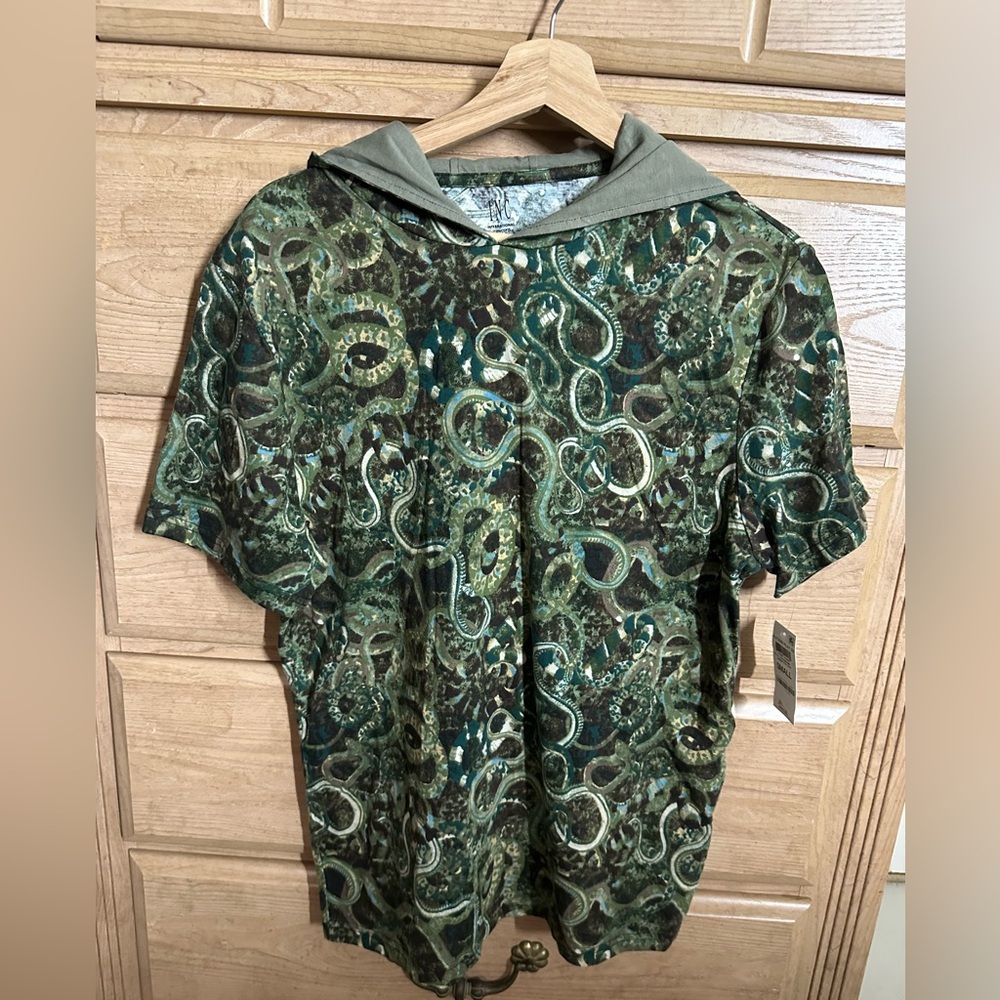 INC International | Green Tea Leaf Camouflage Pattern Play Hoodie T-Shirt | Sz:S
